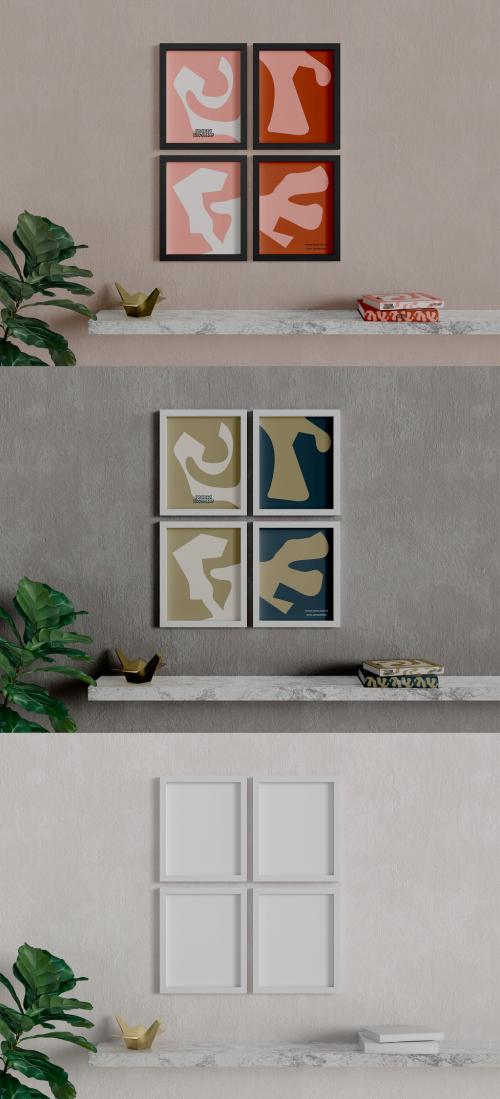 Four Frames on Shelf with Plants Mockup 586571178