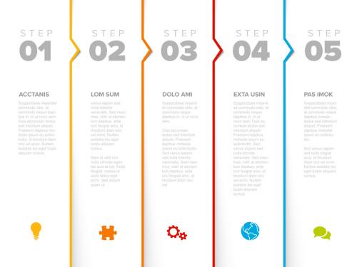 Five white steps progress page template with color borders, arrows and icons 569529884