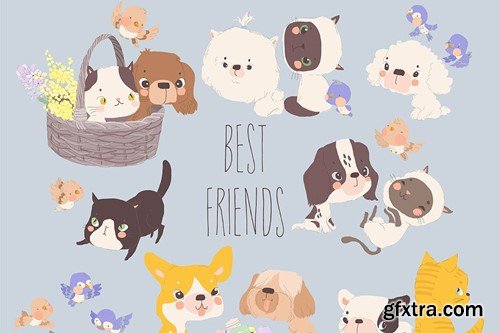 Vector Cartoon Set with Funny Cats, Dogs and Birds 5MZ8YDK