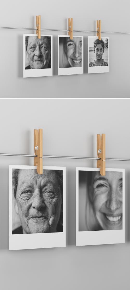 Instant Photos Mockup Hanged on Wire with Clothespins 581050332