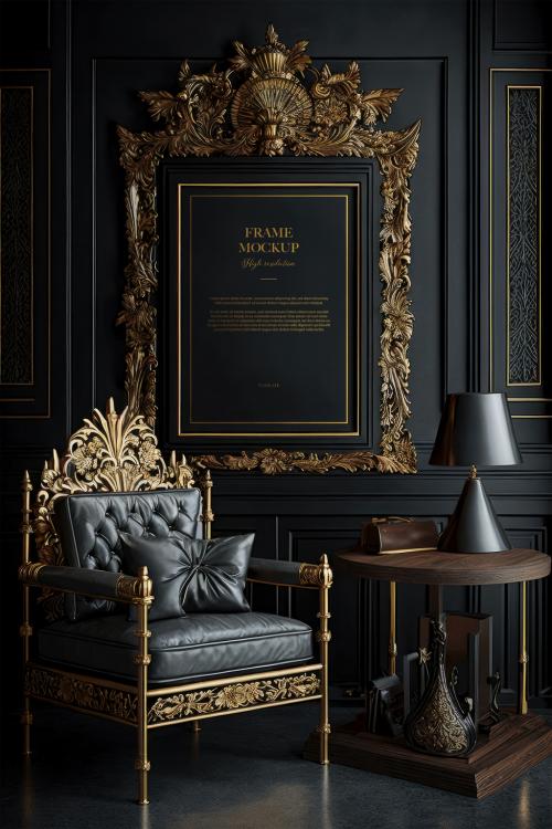 Luxurious Black and Gold Room with Frame Mockup with Leaves and Ornaments Generative AI 584339712