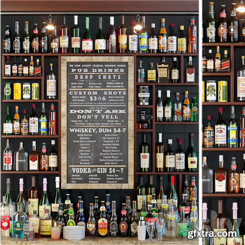 Showcase in the bar with a collection of strong alcohol and cocktails. Alcohol