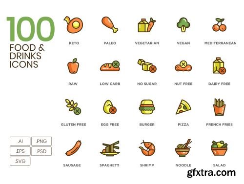 100 Food & Drinks Icons | Eco Series Ui8.net