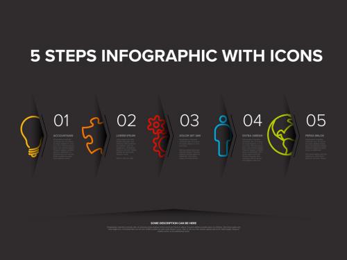 Five dark steps progress page template with big color icons 581767491