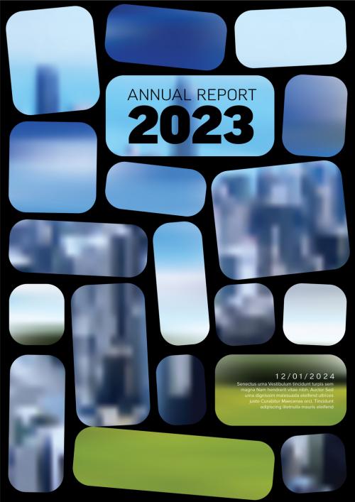 Dark annual report front cover page template with two photo mozaic placeholders 581767499