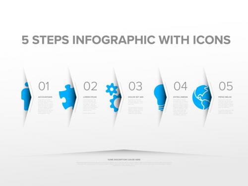 Five light steps progress page template with big blue icons 575936109