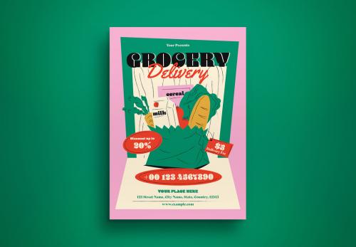 Pink Mid Century Grocery Delivery Flyer Layout 571159026