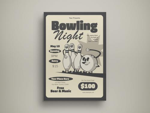 Cream Retro Illustration Bowling Night Flyer Layout 571159235