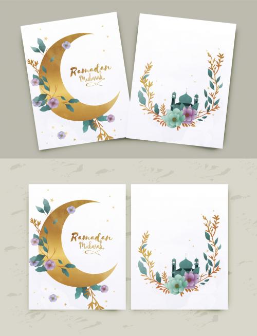 Ramadan Mubarak Greeting or Invitation Card Designed with Golden Crescent Moon and Water Colour Flowers, Mosque and Text Placeholder for Your Message. 570232226
