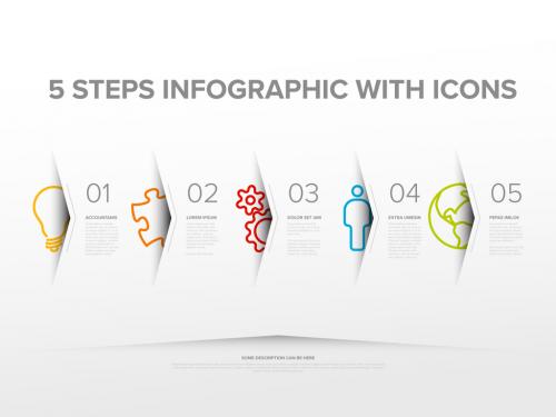 Five light steps progress page template with big color icons 578778454