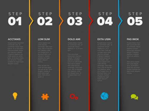 Five dark gray steps progress page template with color borders, arrows and icons 571229392
