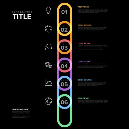 Six rounded vertical steps elements template made from thick line ovals on black background 578778598