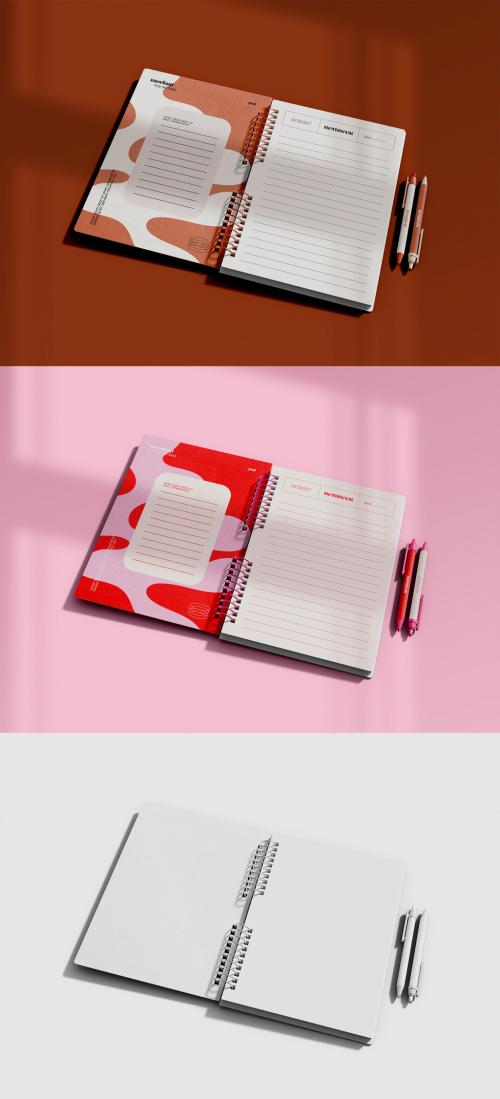 Open Spiral Notebook with Pens Mockup 634713607