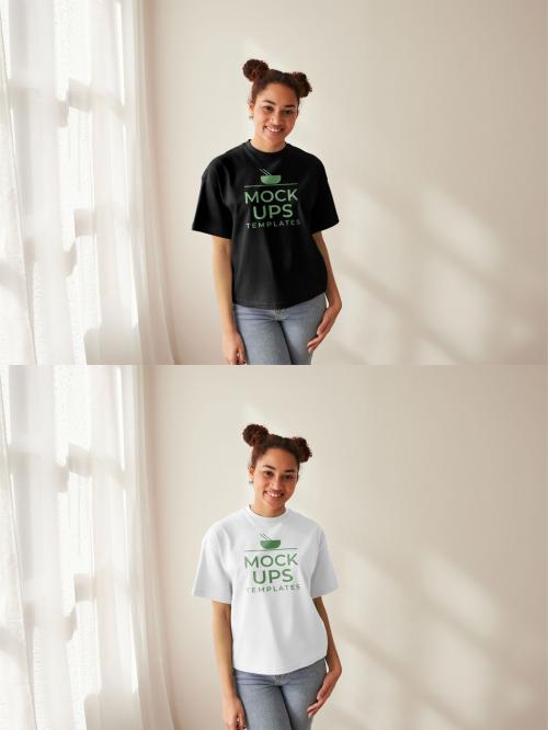 Mockup of woman wearing customizable color t-shirt with design, front view 634459151