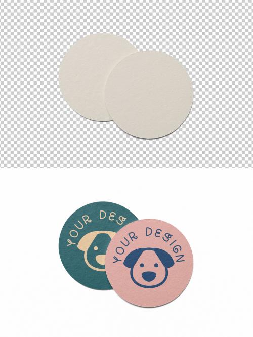 Mockup of two customizable round cardboard coasters with customizable background 634458332