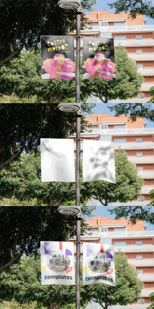 Mockup of customizable promotional signs on lamp post 634457261