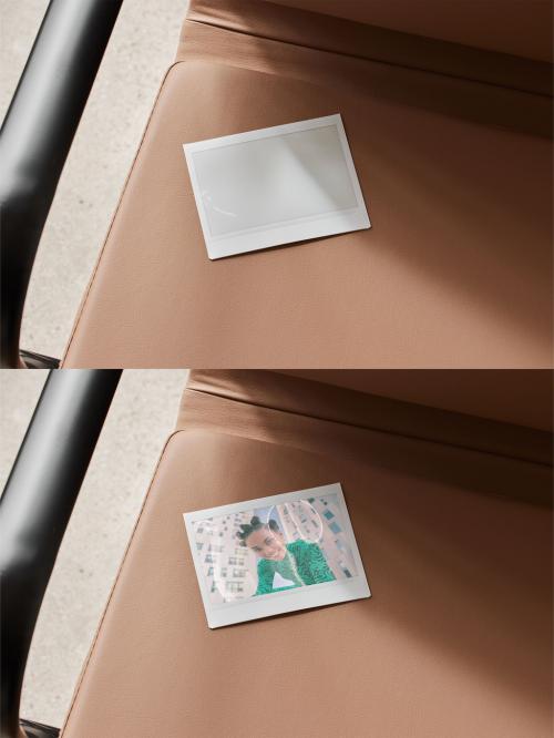 Mockup of customizable instant camera photo print available with different effects, on chair 634455932