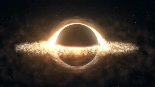 Videohive - Bright black hole in open space with spinning energy particles, cosmic sphere in yellow color glowin - 47509587