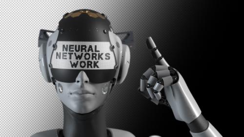 Videohive - the robot makes a gesture indicating the information on the display "neural networks are working". - 47550700
