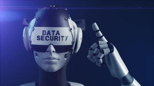 Videohive - the robot makes a gesture indicating the information on the "data security" display. - 47550777