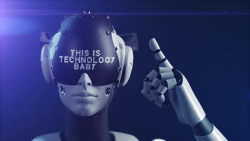 Videohive - the robot makes a gesture indicating the information on the display "this is technology baby". - 47550778