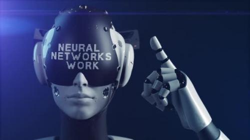 Videohive - the robot makes a gesture indicating the information on the display "neural networks are working". - 47550780