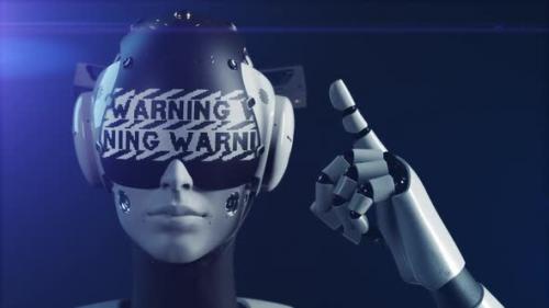 Videohive - the robot makes a gesture indicating the information on the "warning" display. - 47550781