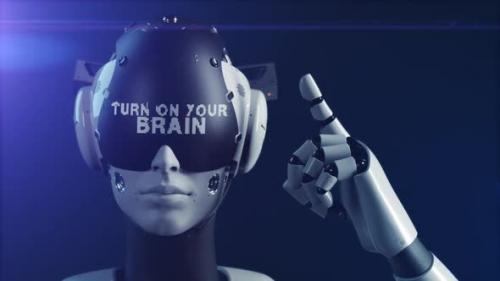 Videohive - the robot makes a gesture indicating the information on the display "turn on the brains" - 47550786