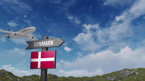 Videohive - Denmark Flag With Airplane And Arrow Sign - 47552017