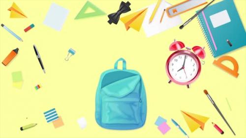 Videohive - Back To School Background School Supplies Go Into The School Bag On Yellow Background 4K - 47576802
