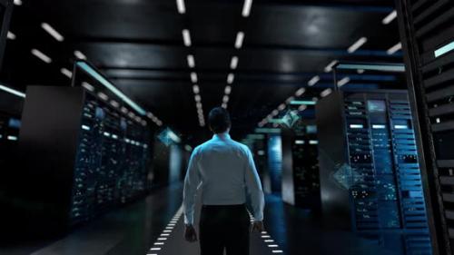 Videohive - Interactive Ai IT Administrator Activating Modern Data Center Server with Hologram - 47581474