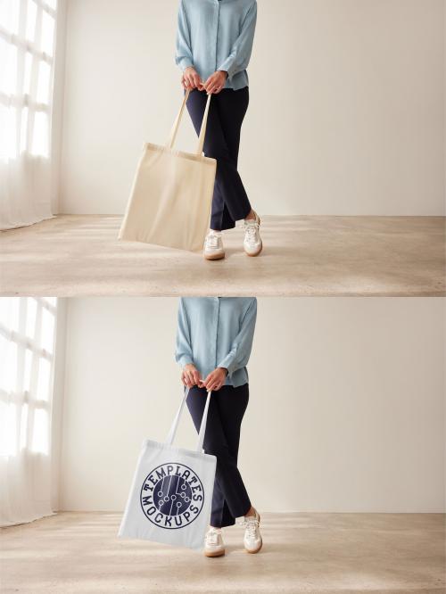 Mockup of woman holding customizable tote bag, low section font view 637255658