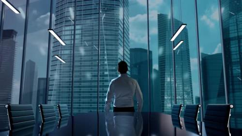 Videohive - GPT5 Businessman Working in Office Among Skyscrapers Hologram Concept - 47581375