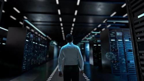 Videohive - Lead Generation IT Administrator Activating Modern Data Center Server with Hologram - 47581399