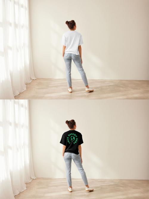 Mockup of woman wearing t-shirt with customizable color, standing rear view 637254908