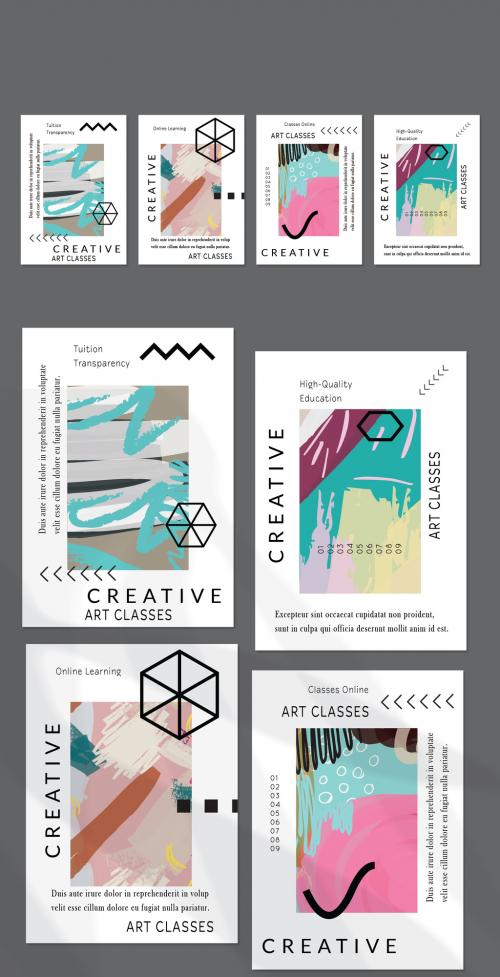 Flyer Layout with Black Geometric Shapes and Abstract Bright Rectangle on White 637968129