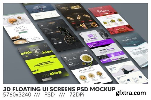 3D Floating UI Screens PSD Mockup RGSXQZE
