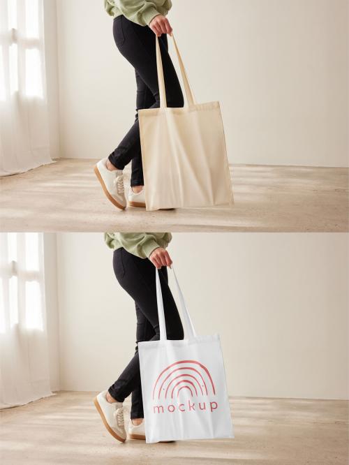 Mockup of woman holding customizable tote bag, low section 637251531