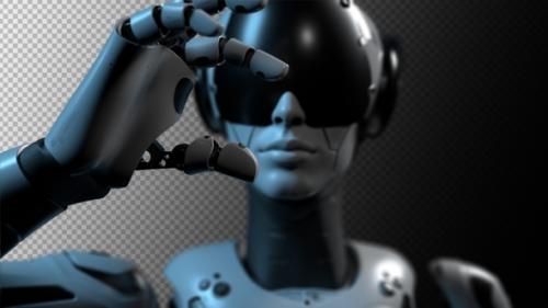 Videohive - a robot simulating holding an object in its hands. with a bokeh effect. there is an alpha channel - 47634781