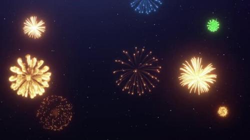 Videohive - Multicolor fireworks burst on night sky Pyrotechnic show with below view Festive greeting card - 47634923