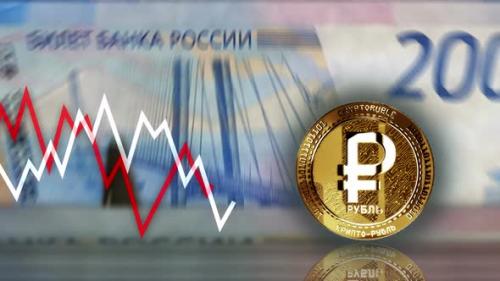 Videohive - Crypto Ruble RUB cryptocurrency coin over Russian Rubles banknotes loop - 47635763