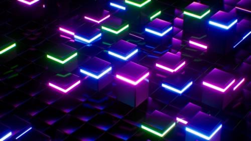 Videohive - Glowing Neon Lights Square Tile Background Vj Loop - 47632373