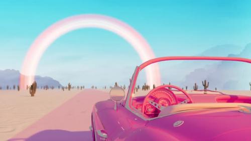 Videohive - Pink world road animation Car driving on a desert road with cactuse - 47646559