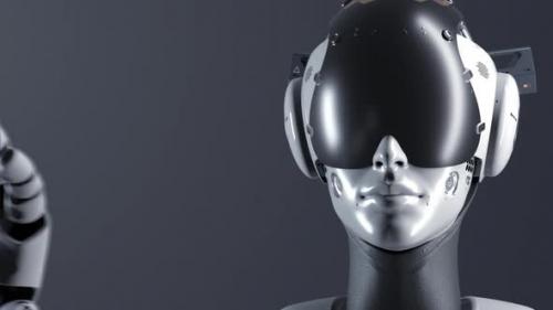 Videohive - portrait of a female robot, flipping through information on a virtual display - 47691180