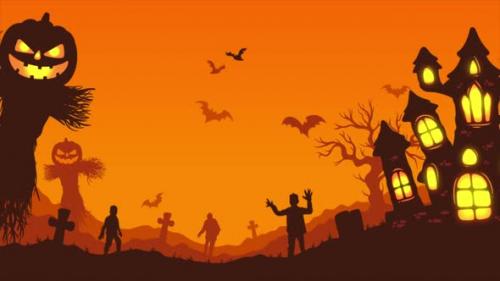Videohive - Happy Halloween Landscape Background On Orange 4K - 47700910