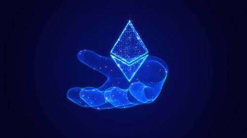 Videohive - Ethereum Icon In Hand Hologram - 47704281