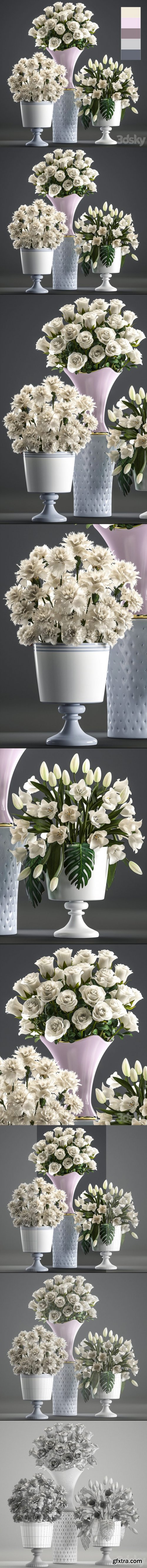 Set of White Flowers 58 White Bouquets Pot Flowerpot White Tulips White Roses Carnation Vase