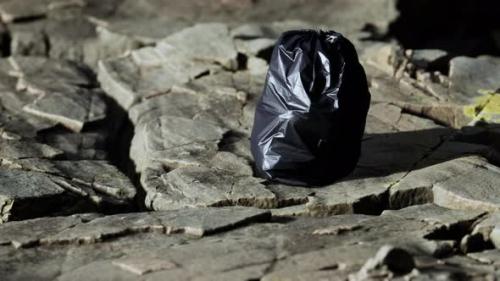 Videohive - Black Trash Bag Lay on a Rocky Beach - 47786707