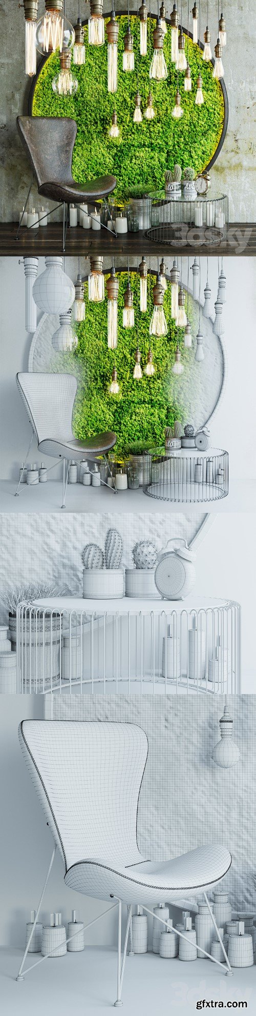 Decor set with moss and lamps