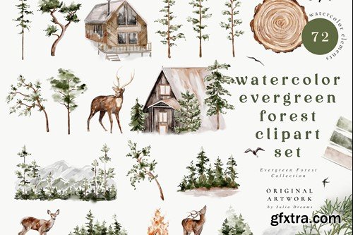 Watercolor Evergreen Forest Digital Clipart Set 6556E3F